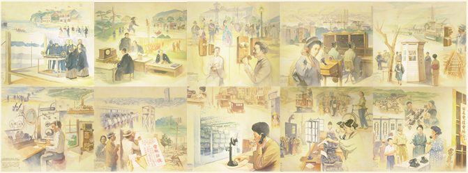 電気通信の歴史を表わした壁画の写真